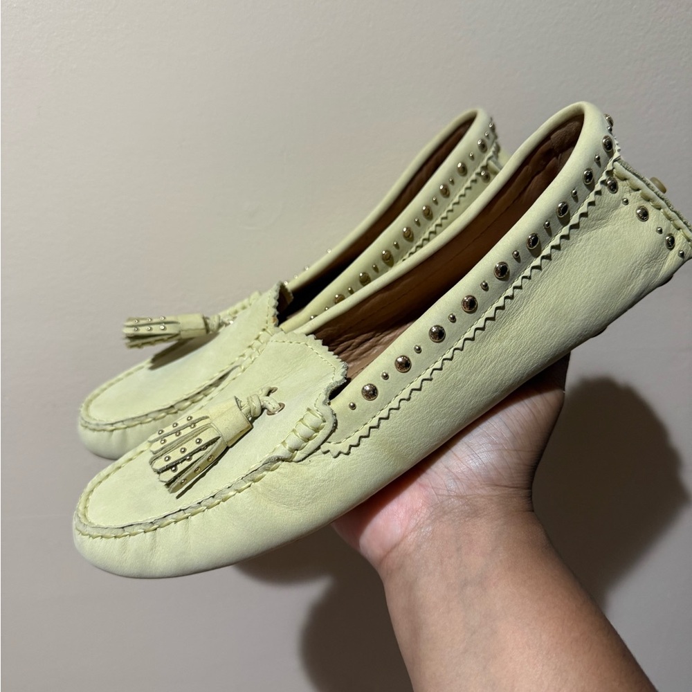 Coach Norfolk Tassel Loafer Flats 9B Tan Beige Yellow Studded Nubuck NWOB U